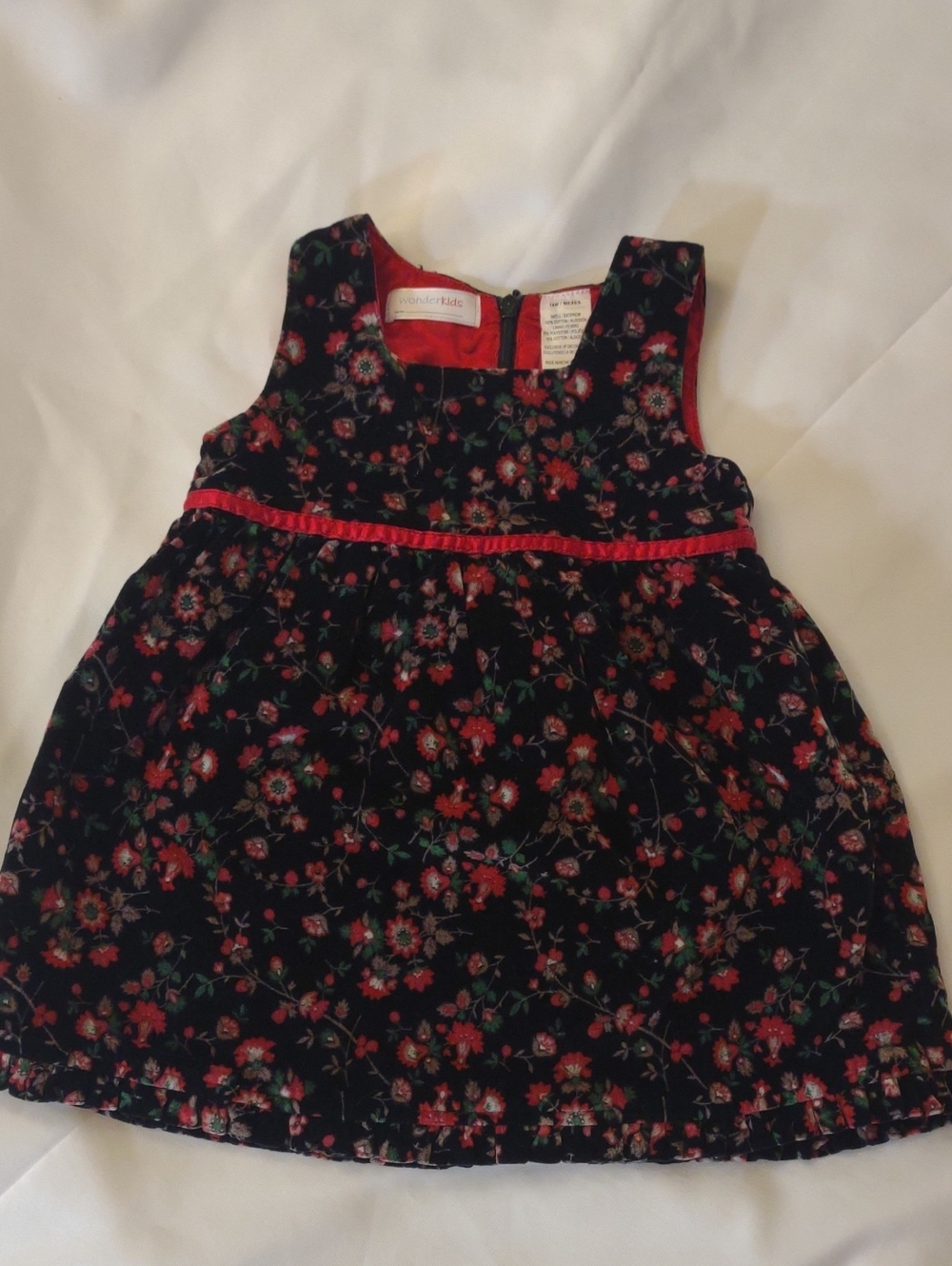 Wonderkids Black Velvet Floral Dress with Red Trim - Size 18M